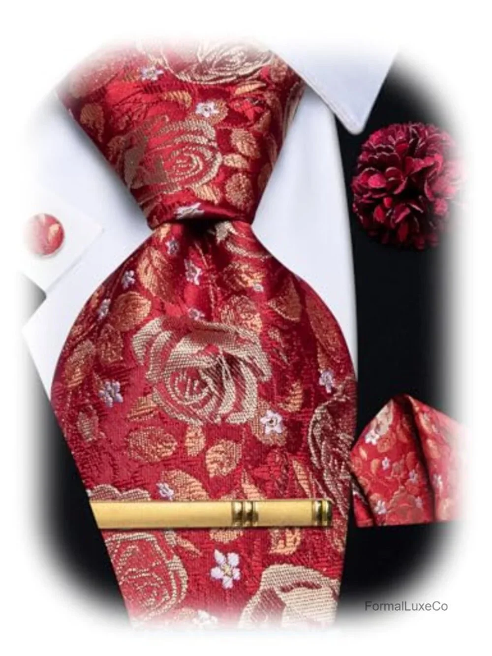 Mens Silk Floral Necktie Set with Pocket Square, Cufflinks & Tie Clip